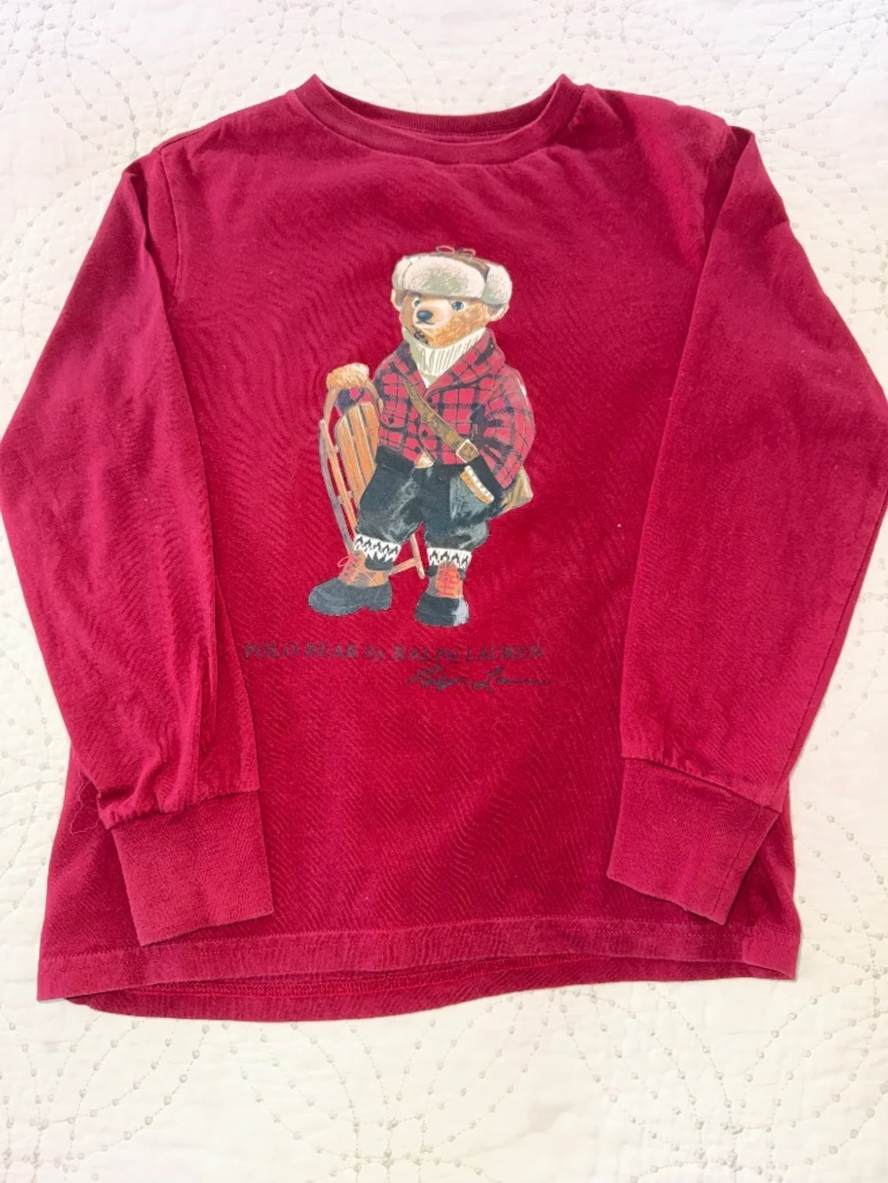 Polo Ralph Lauren Boys Burgundy Polo Bear Long Sleeve Top. Size SP/8. NWOT
